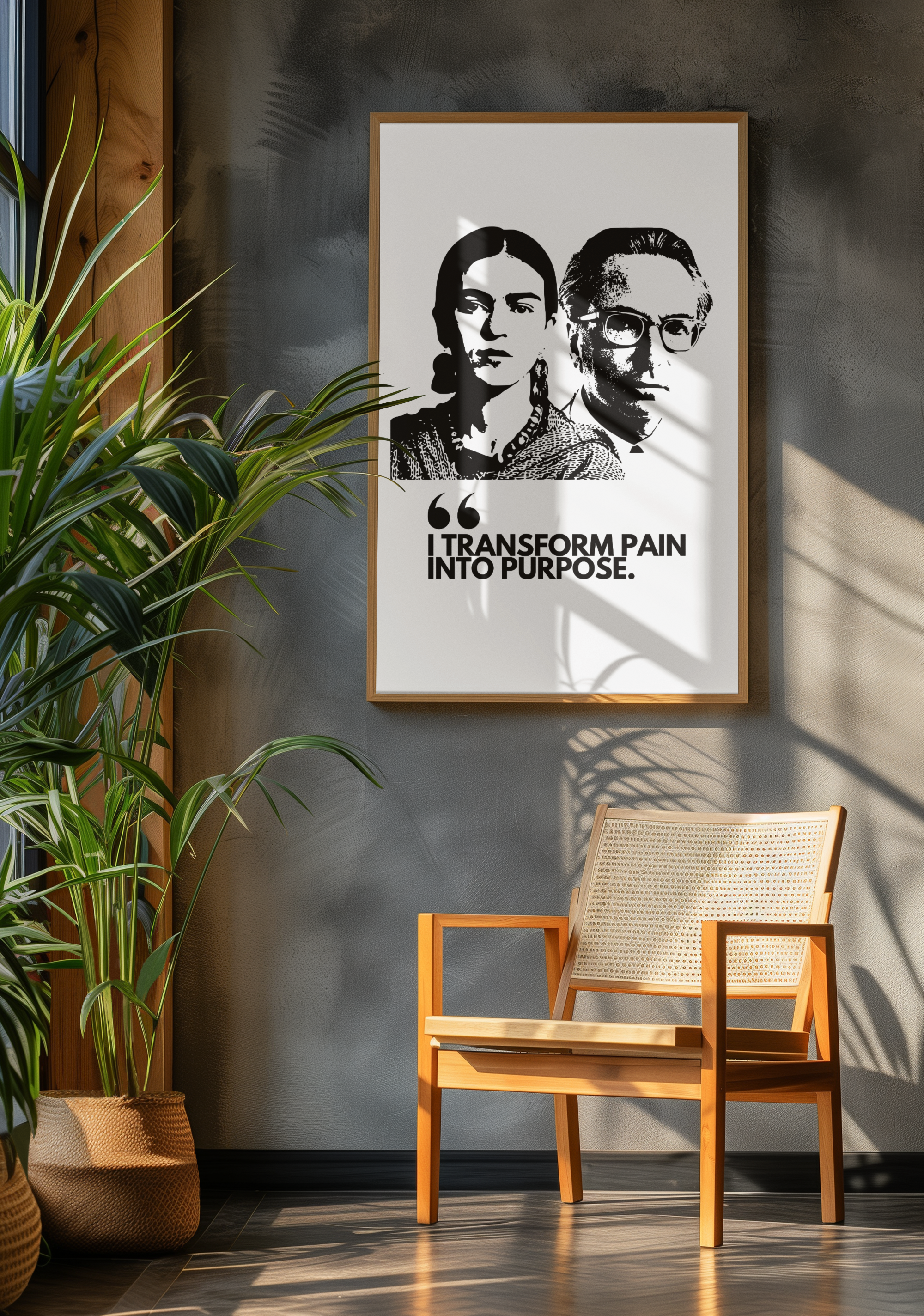 Sustainably Framed Giclee Stretched Canvas Social Change | Eco Friendly Frame | Social Good | Modern Aesthetic Archival | I TRANSFORM PAIN INTO PURPOSE | FRIDA KAHOL & VIKTOR FRANKL JOHN LENNON