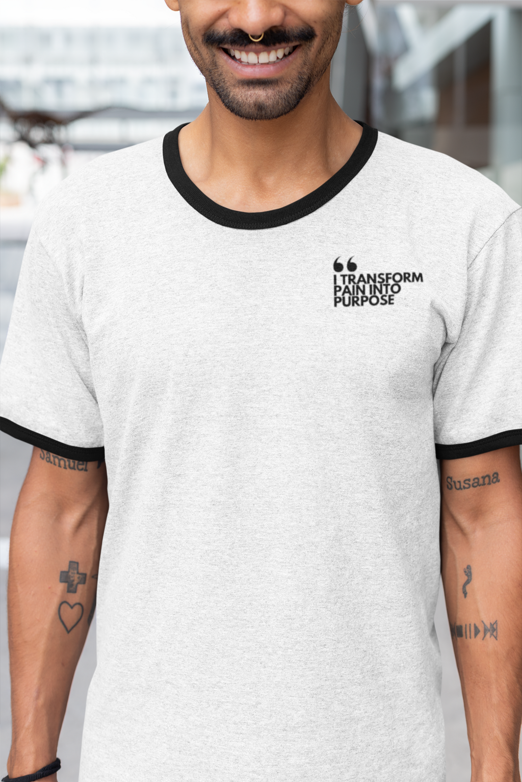 Unisex Cotton Ringer T-Shirt |Contemporary Social Issues | Progressive Activism Fashion | Modern Statement Sustainable Apparel | I TRANSFORM PAIN INTO PURPOSE | Frida Kahlo & Viktor Frankl