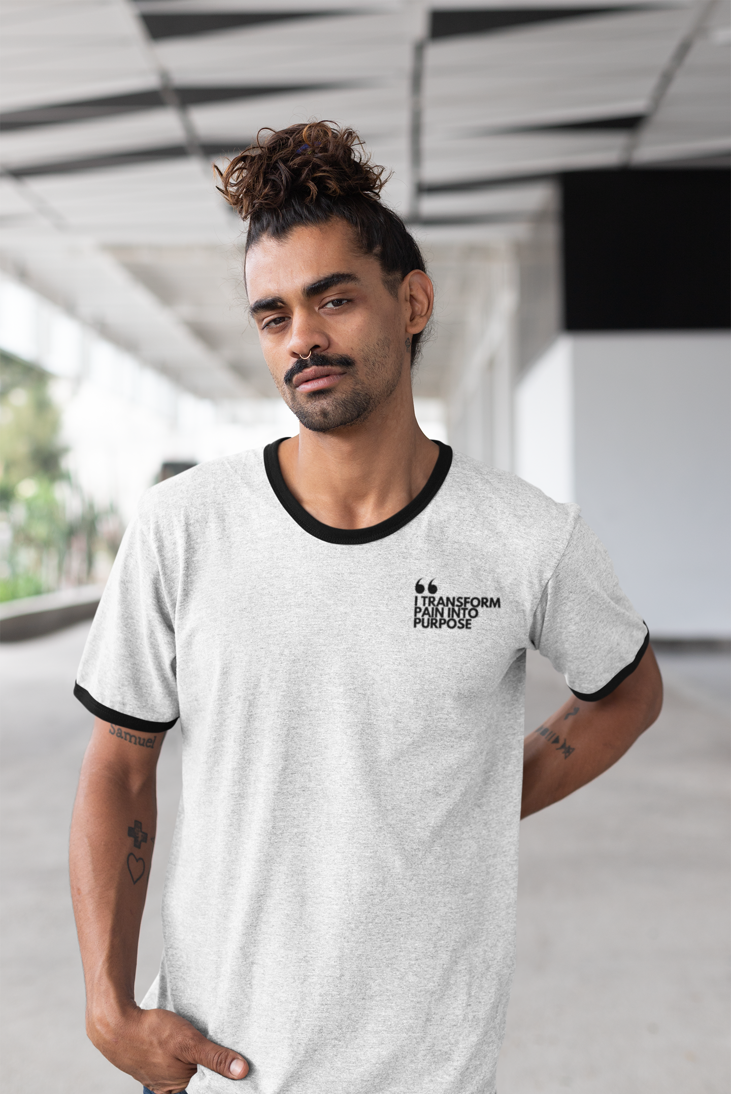 Unisex Cotton Ringer T-Shirt |Contemporary Social Issues | Progressive Activism Fashion | Modern Statement Sustainable Apparel | I TRANSFORM PAIN INTO PURPOSE | Frida Kahlo & Viktor Frankl