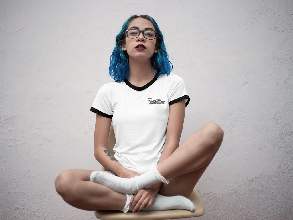Unisex Cotton Ringer T-Shirt |Contemporary Social Issues | Progressive Activism Fashion | ModernStatement Sustainable Apparel | I BALANCE MY PASSION WITH MY RESPONSIBILITIES Oprah Winfrey John Lennon