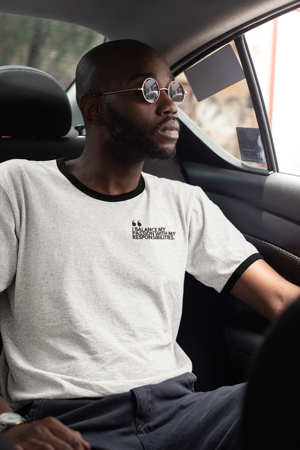 Unisex Cotton Ringer T-Shirt |Contemporary Social Issues | Progressive Activism Fashion | ModernStatement Sustainable Apparel | I BALANCE MY PASSION WITH MY RESPONSIBILITIES Oprah Winfrey John Lennon